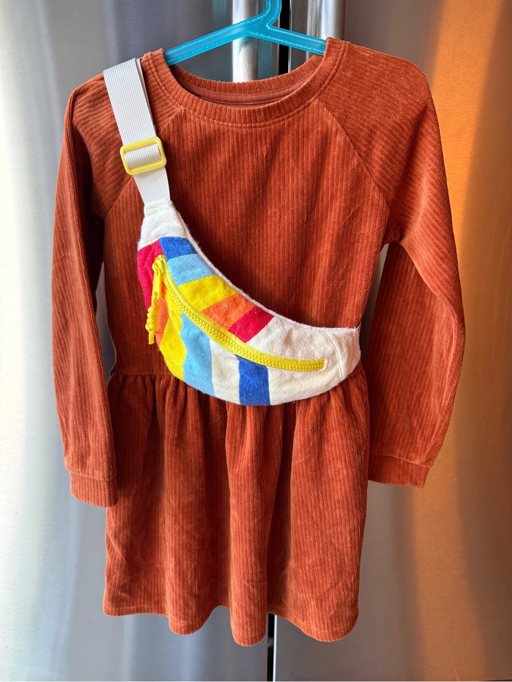 Cat and Jack Girls' Orange Pumpkin Corduroy Velvet Long-Sleeve Dress with bag